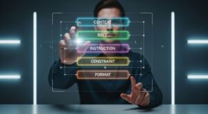 A person interacting with a glowing AI interface filled with structured prompts: Context, Role, Instruction, Constraint, Format. Style: minimalist tech scene, neon highlights, focus on clarity and intelligence.