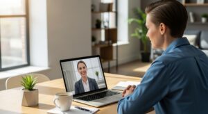 ノートPCの前でオンライン面接を受ける応募者。 画面越しに笑顔の面接官が映っている。 応募者は落ち着いた表情でうなずいている。 明るく清潔な自宅デスク環境を描いたフォトリアル写真。
