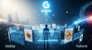 A symbolic scene showing a person surrounded by floating AI interfaces — charts, recipe cards, creative tools — all connected through the Gemini logo glowing in the air. Background shows a gradient transition from “today” to “future,” symbolizing progress and innovation. Style: cinematic tech-realism, blue and gold tones, light particles floating, sense of optimism and evolution.