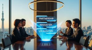 Japanese executives in a high-tech boardroom discussing AI strategy, with holographic projections showing “Partnership,” “Innovation,” and “Localization.” The Tokyo skyline glows in the background through large glass windows, suggesting a global yet distinctly Japanese business scene. Style: photorealistic, elegant corporate tone, blue and gold lighting, cinematic depth of field.