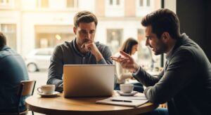 カフェでノートPCを前に考える社会人と、助言する同僚。 和やかな雰囲気で相談している。 「実践的な時間管理Q&A」を象徴するフォトリアル写真。