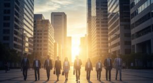 朝日を背に穏やかな笑顔で出社する会社員。 ビル街に光が差し、清々しい空気感。 「心の回復」「前向きな再出発」「新しい一日の始まり」を表現。 ゴールド×ブルーのコントラスト、希望を感じる光、フォトリアル、