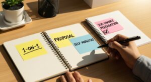 ノートや付箋に「1on1 → 提案 → 自己分析 → 転職準備」の4ステップが並ぶ。 机の上は整理され、前向きな雰囲気。人物の手がペンでチェックマークを入れる瞬間。 フォトリアル、明るい自然光、16:9。