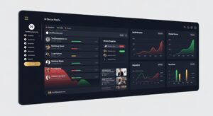 SNSやニュース記事がデジタルスクリーン上に浮かび、AIがそれらを自動分析。 感情分析（ポジティブ／ネガティブ）が色で可視化される。 トーン: 冷静で分析的、危機管理のプロフェッショナル感。 キーワード: ブランド分析, AIモニタリング, セキュリティ, ダークネイビー×ゴールドアクセント。
