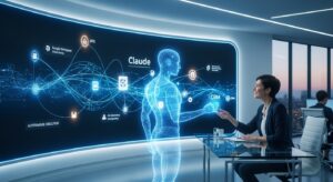 近未来のオフィス空間。中央にAIのホログラム（Claude）と人間のビジネスパーソンが向かい合い、 背景にAPIやツール（Slack, Google Workspace, CRMなど）を象徴する光のアイコンが繋がっている。 デジタルなラインが流れ、AIが業務を自律的に実行している様子を表現。 キーワード: フォトリアル, 未来都市オフィス, 青と白の発光, 自動化, AIエージェント, データ連携, 希望的トーン。