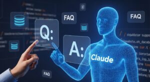 半透明のホログラムディスプレイに「Q:」「A:」が立体的に浮かぶ構図。 開発者がClaudeのAIアシスタント（青い光の人型ホログラム）と対話しながら、質問に答えを見つけている。 背景にFAQデータベースのアイコンやコードブロックが浮かび上がり、知識共有の雰囲気を表現。 キーワード: FAQ, AI assistant, problem solving, developer support, Claude Skills, knowledge sharing, photoreal, futuristic blue hologram.