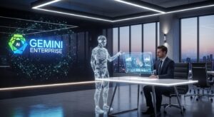 近未来的な企業オフィスの会議室。 背景にホログラフィックで浮かぶ「Gemini Enterprise」のロゴと、AIエージェントの光のネットワーク。 ビジネスマンとAIアシスタントが並んで業務をこなしている。 キーワード: futuristic corporate office, AI business assistant, holographic interface, Gemini logo glowing, photoreal Google Cloud style.