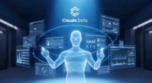 A futuristic scene showing a digital assistant represented by a glowing human-like AI figure controlling multiple holographic systems — calendar, CRM, email, data dashboards — all synchronized under the Claude Skills logo. The background radiates blue light, symbolizing intelligence and progress. Style: cinematic realism, soft focus lighting, Anthropic design tone.