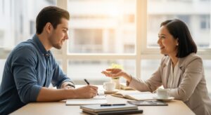 若手社会人がキャリアアドバイザーと面談している。 和やかな笑顔で相談しながらメモを取る様子。 「面接突破への実践的アドバイス」を象徴。フォトリアル。