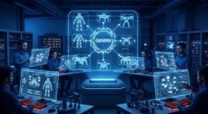 Developers and engineers surrounded by holographic UI screens showing robot schematics and AI network maps. A central “Gemini” hologram connects different robot models in the workspace. Style: cinematic tech lab, blue lighting, professional industrial atmosphere.