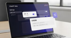 A user setting up ChatGPT Atlas on a laptop, with floating text bubbles showing Japanese language settings and custom instruction fields. Style: realistic UI screenshot feel, light office background, focus on the screen.
