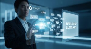 A futuristic scene showing a person interacting with a glowing AI interface labeled “ChatGPT Atlas.” The interface visualizes floating search results transforming into a single intelligent summary bubble. Style: cinematic, blue-white color palette, photorealistic lighting, evokes innovation and discovery.