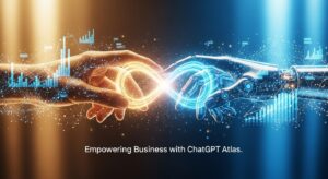 A symbolic fusion of human and AI hands forming a glowing “∞” (infinity) symbol, surrounded by data streams and business graphs. The caption reads “Empowering Business with ChatGPT Atlas.” Style: cinematic, hopeful, warm blue-gold palette, harmony between human and AI.