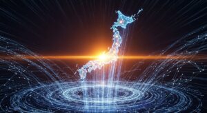 A majestic image of Japan’s map formed from luminous neural network lines, rising like a phoenix amid global AI data streams. The composition radiates confidence and forward momentum, symbolizing Japan leading the AI era. Style: inspiring, digital art, blue and white glow with sunrise tones of orange and gold.