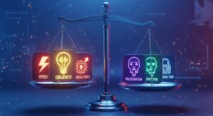 A balanced scale floating in digital space — on one side glowing icons symbolizing “speed, creativity, productivity,” and on the other side icons symbolizing “hallucination, privacy risk.” Style: conceptual 3D render, metallic blue tones, balance of light and shadow.