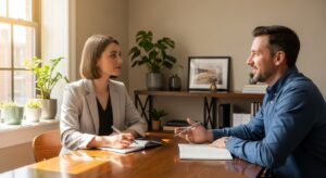 オフィスでキャリアコーチと相談する若手社会人。 ノートにメモを取りながらリラックスした雰囲気。 「会話の悩みを相談し、前向きに学ぶ」構図。フォトリアル