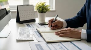 ビジネスパーソンがノートとペンを使って、メール文面の構成を整理している手元。横にはパソコン、カレンダー、資料。光は柔らかく、白と木目の清潔なデスク。思考・計画・判断を象徴するフォトリアル構図。