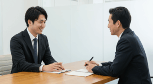 退職を上司に伝える瞬間を描いたフォトリアルなシーン