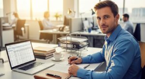 朝のオフィスで自信に満ちた表情で働く社員。 デスク上には整理されたメモとノートPC。 「曖昧さを克服し、主体的に動くプロフェッショナル」を描く。 ゴールドとブルーの光、爽やかで希望を感じるトーン、フォトリアル、