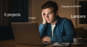 夜の自宅でノートPCの前に座る若いエンジニアが、案件サイト（クラウドワークスやランサーズ風）を見ながら少し悩んだ表情を浮かべている。背景に「案件0件」「提案中」などの文字がぼんやり浮かび、デスクにはメモ帳とコーヒーカップ。画面の光が顔を照らし、現実感ある少し切ない雰囲気。フォトリアル、
