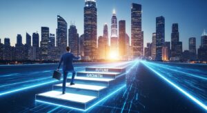 デジタルな道の上に「現在」「成長」「未来」と書かれた3つの発光ステップ。エンジニアがその階段を登っていく。後方に光るAI都市。未来へのキャリアロードマップを象徴。フォトリアル＋光の演出、