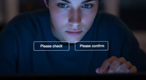パソコン画面に「ご査収ください」と「ご確認ください」が並び、どちらを選ぶか迷う人物の後ろ姿。画面の光が顔を照らし、少し考え込む表情。学びの雰囲気を演出。フォトリアル、やや俯瞰構図、