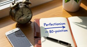 ノートに「完璧主義→80点主義」と矢印で書かれたメモ。横に時計とスマホ、ペン。小さな一歩を始めるイメージ。自然光+整理されたデスク。フォトリアル、クローズアップ構図、