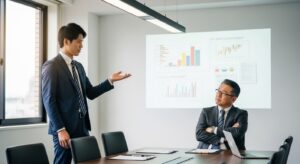 会議室で上司に説明している若手ビジネスパーソン（日本人）。上司が腕を組みながら「で、結論は？」という表情。話し手は少し焦った様子。背景にグラフや資料が映るプレゼンボード。現実感のあるオフィス照明、フォトリアル、