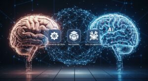 シーン：人間の脳とAIのデジタルブレインが対比され、両者が光のネットワークで繋がる構図。 画面中央に「自律判断」「マルチタスク」「ツール連携」を象徴するアイコンが浮遊。 キーワード: AI知能, 推論, 連携ネットワーク, 光のライン, サイエンスフィクション風, クリーンデザイン。