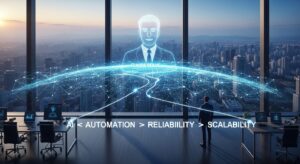 夜明けの都市を見渡す高層オフィス。 中央にはClaudeのホログラムが浮かび、青白い光のネットワークが世界中へ広がっていく。 手前には開発者が立ち、光のラインでClaudeと繋がっている。 「AI × Automation × Reliability × Scalability」という文字が光の軌跡として浮かび上がる。 キーワード: Claude Skills, AI automation, scalability, innovation, reliability, photoreal, blue horizon light, futuristic vision, technology empowerment.