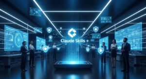 A futuristic corporate office environment with holographic AI interfaces floating in the air. In the center, a glowing “Claude Skills” logo connected to secure data streams and shield icons, symbolizing trust and security. Business professionals stand confidently, observing the system. Style: photorealistic, cinematic lighting, deep blue tones, modern cyber-security atmosphere.