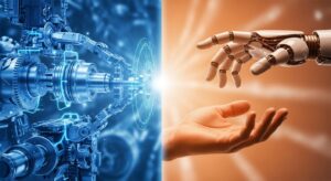Two contrasting halves: Left: complex robotic systems operating autonomously with glowing safety grids. Right: a human hand reaching out toward a robot hand, symbolizing trust and ethics. Style: dual-tone composition (blue vs orange), conceptual and emotional.