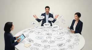 A collage of seven small scenes symbolizing productivity: – writing emails, analyzing charts, summarizing reports, brainstorming ideas, coding, researching law texts, and automating tasks. Style: isometric composition, vivid blue light connections between scenes, futuristic but professional.