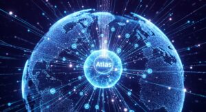 A sleek 3D holographic globe connected by neural light lines, representing the internet. At its center, a bright “Atlas” icon glowing, surrounded by AI nodes and data streams. Style: modern tech illustration, blue gradient with subtle motion blur, evokes intelligence and connectivity.