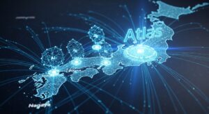 A digital map of Japan with bright blue data lines and AI nodes spreading across major cities (Tokyo, Osaka, Nagoya). A glowing “Atlas” logo emerges from Tokyo, symbolizing upcoming launch and innovation. Style: map visualization, cool corporate colors, soft light rays.