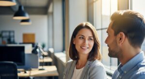 オフィスで女性社員が優しい笑顔で同僚に話しかけるシーン。相手も安心した表情で頷いている。言葉のトーンと伝え方の柔らかさを象徴。自然光と淡い色調で、信頼感のある雰囲気。フォトリアル、