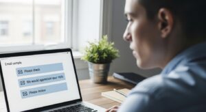 ノートパソコンの画面に複数のメール文面サンプルが表示されている。モニターには「ご確認ください」「ご返信いただけますと幸いです」「ご査収ください」などの文言が並ぶ。画面を真剣に見つめる社員の横顔。明るい昼光、リアルで知的なトーン。
