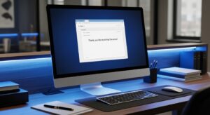 返信メール画面に「拝受いたしました。ありがとうございます。」の文字。整然としたビジネスデスク、上品なブルー系の光で信頼感を演出。フォトリアル、