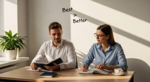 穏やかな朝の光が差し込む部屋で、ビジネスカジュアルの男女がノートを開き、リラックスした表情で思考を整理している。壁には「Best → Better」と手書きされたメモ。デスクには観葉植物とコーヒーカップ。完璧主義から自由になる「心の整理」と「柔らかい発想の転換」を象徴する構図。フォトリアル、暖かい自然光、ナチュラルトーン、