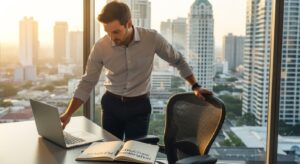 PCを閉じ、ノートにチェックマーク「目的・構造・情報」。人物が軽やかに席を立つ。窓の先に明るいオフィス街。“考えてから作る”ことで早く終わる世界観。フォトリアル、16:9、ポジティブトーン。