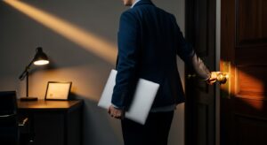 オフィスの出口。手にノートPCを持つ人物がドアノブに手をかける瞬間。 背後にはデスクの光が静かに灯り、未来への一歩を象徴。 希望と決断の光が差し込む構図。フォトリアル、16:9、黄金比構図。