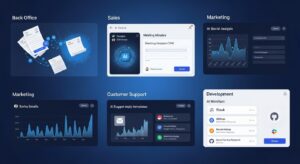 バックオフィス デスク上の領収書と経費データが自動的にAIに取り込まれるビジュアル。 営業 会議録から自動でCRMにデータが入力される画面。 マーケティング SNS分析グラフがAIの力で動的に生成されているイメージ。 カスタマーサポート メールをAIが仕分けし、返信テンプレートを提案しているシーン。 開発部門 GitHubとSlackをAIが仲介し、レビュー依頼を送信する可視化構図。 統一スタイル:青白トーン・未来的・フォトリアル × UIビジュアル。