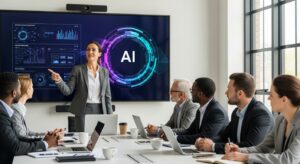 会議室でAI導入を議論するチーム。 背景にはClaudeのロゴを模したデジタルサークル。 リーダーが画面を指し示し、明るい未来に向かっている構図。 キーワード: 協働, 教育, DX推進, チームワーク, 企業変革。