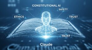 A glowing AI hologram labeled “Claude” surrounded by a digital constitution or document made of light. Text fragments like “Ethics,” “Safety,” and “Trust” float around it, representing “Constitutional AI.” Style: symbolic, elegant, blue-white palette with soft lighting.