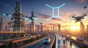 A panoramic futuristic city where humans and service robots coexist. Drones, delivery bots, and humanoids move under a sky glowing with the Gemini symbol. Style: wide cinematic shot, optimistic sci-fi tone, golden sunset lighting mixed with tech-blue glow.