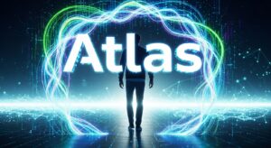 A glowing portal made of luminous data streams forming the “Atlas” logo, with a person stepping through it into a bright digital horizon. The image evokes the transition from old web browsing to AI-powered exploration. Style: symbolic, optimistic, light-filled atmosphere, digital realism.