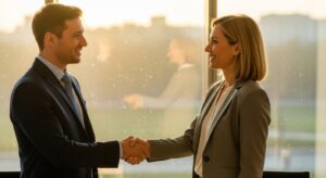 二人のビジネスパーソンが握手を交わし、柔らかい笑顔を見せ合う瞬間。背景には暖かい朝の光が差し込み、信頼と前向きな関係を象徴。フォトリアル、暖色トーン、