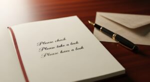 ノートに「ご確認ください」「お目通しください」「ご一読ください」「ご高覧ください」と丁寧に書かれた見出し。万年筆と封筒が横に置かれた、上品な文書作成シーン。フォトリアル、