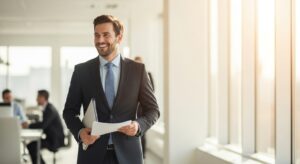 朝のオフィスで、明るい光の中を軽快に歩くビジネスパーソン。手には資料を数枚だけ持ち、表情は晴れやか。背景に柔らかい光のグラデーション。フォトリアル、ポジティブトーン、