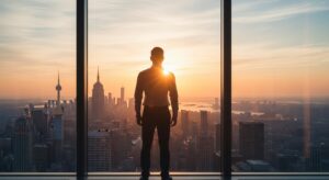 朝焼けの街を見下ろす高層ビルの窓辺に立つビジネスパーソン。 背中越しに光が差し、「次のステージ」への希望を感じさせる。 フォトリアル、16:9、柔らかなオレンジトーン。